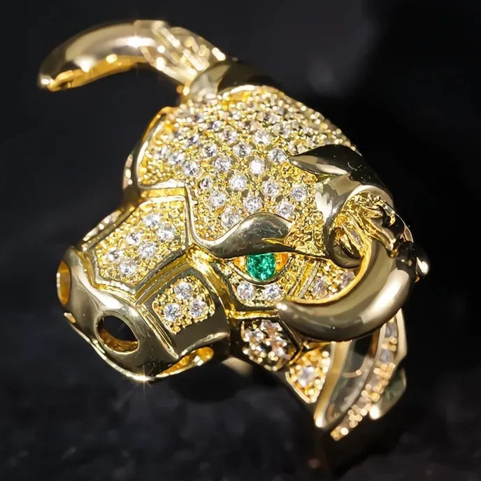Gold Color Punk Style Cow Animal Ring with Green Eyes for Women Brass Jewelry