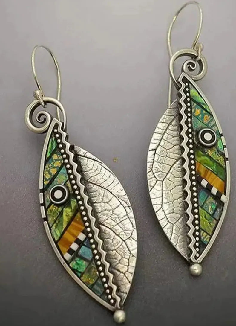 Bohemian Green Leaf Drop Earrings for Women Vintage Silver Zinc Alloy