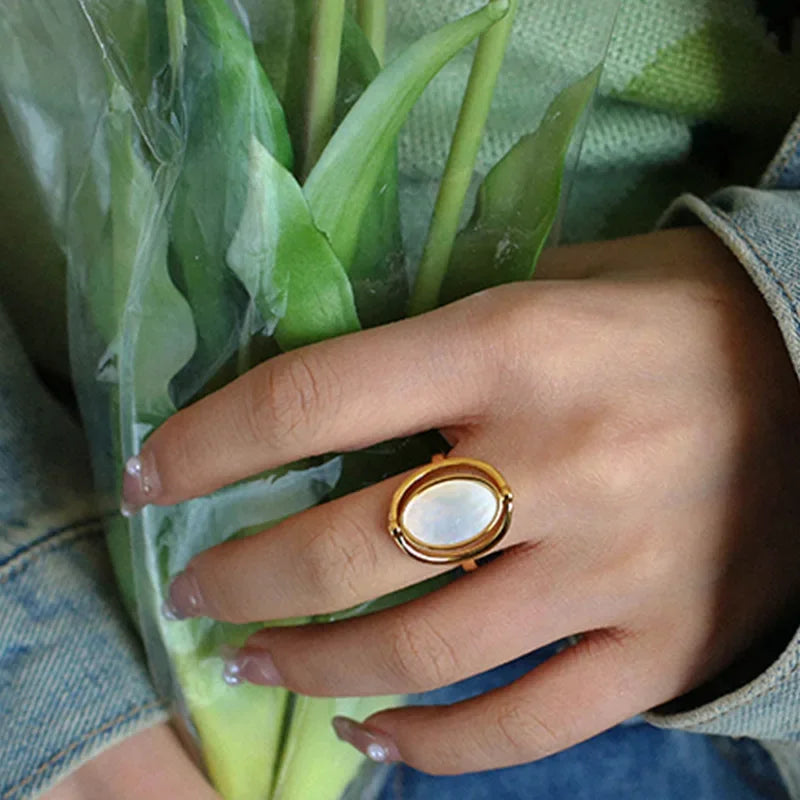 Rotatable Double Sided Opal Ring Women Stainless Steel Geometric Statement Jewelry