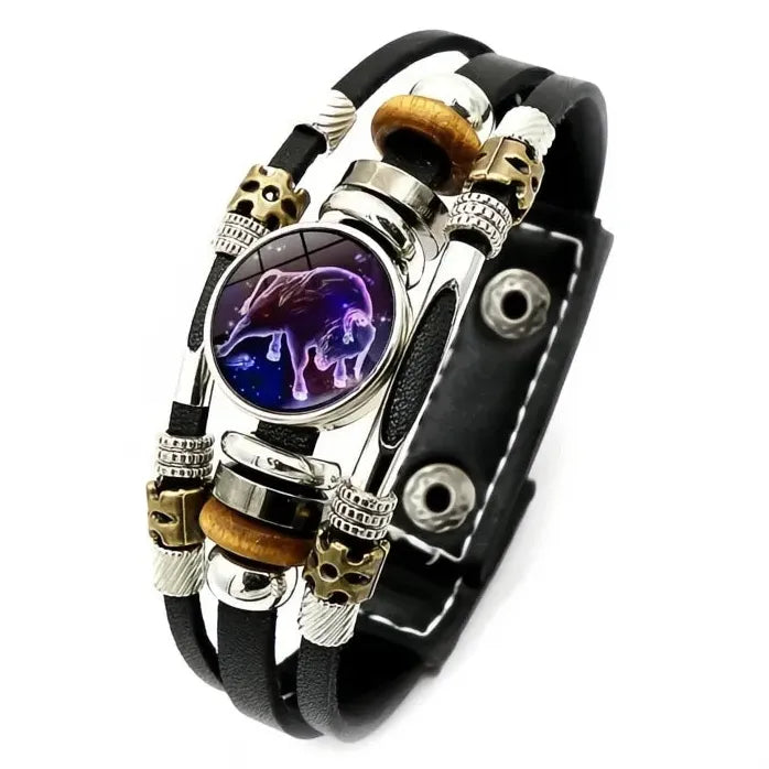 12 Constellation Zodiac Leather Bracelet with Glass Snap Button Unisex