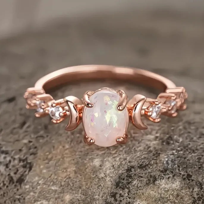 Brass Wedding Ring with Blue White Opal and Cubic Zirconia Gift