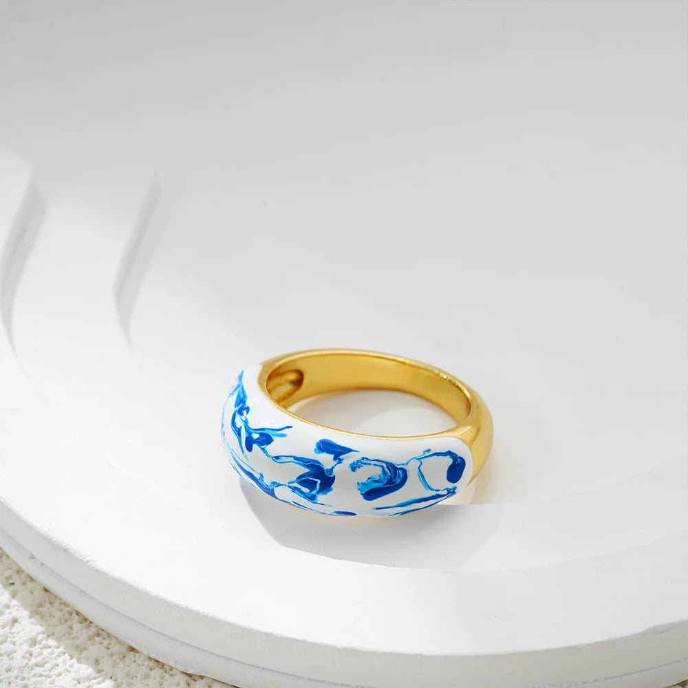 Minimalist White Blue Enamel Circular Knuckle Ring 18K Gold Plated Stainless Steel