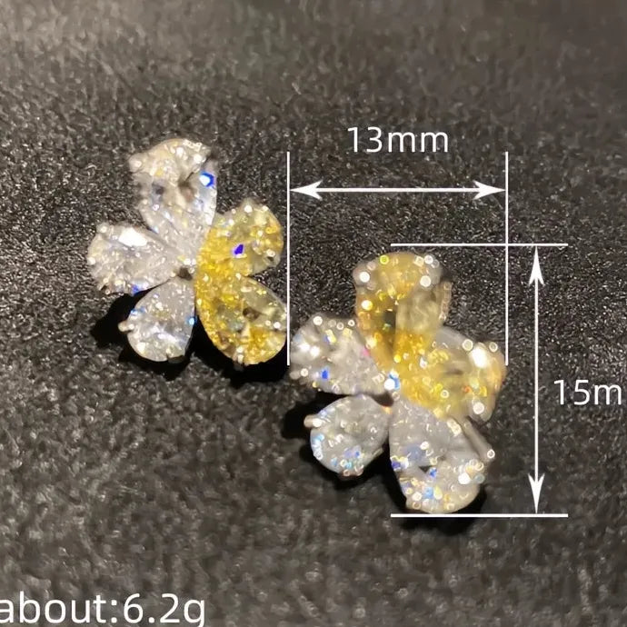 Flower Stud Earrings with Yellow & White Cubic Zirconia Brass Gift for Women
