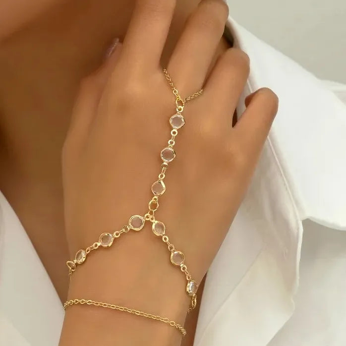 Vintage Gold Tone Connected Finger Ring Bracelets for Women Chain Bangles Mood Tracker