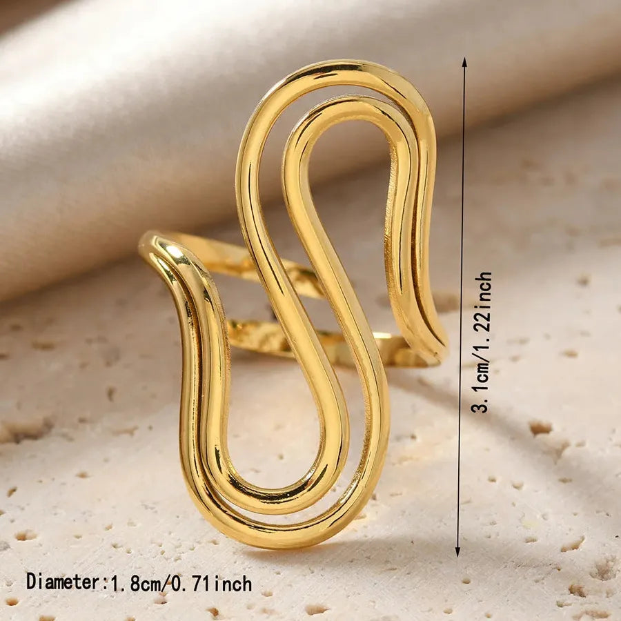 18K Gold Color Stainless Steel Double S-Shaped Waterproof Cocktail Ring for Women Men
