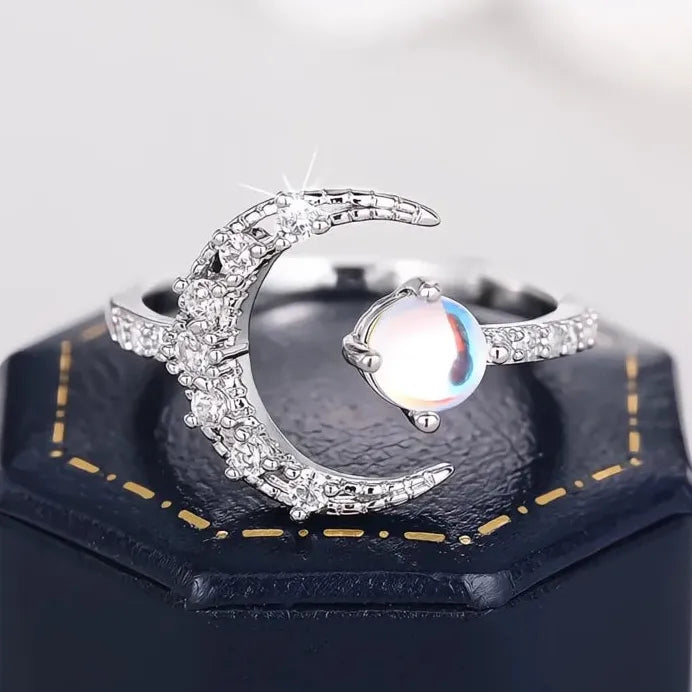 Delicate Adjustable Moon Ring with Simulated Opal & Cubic Zirconia Sparkle