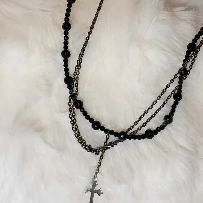 Vintage Gothic Punk Y2K Black Crystal Cross Pendant Necklace for Women Faith Jewelry