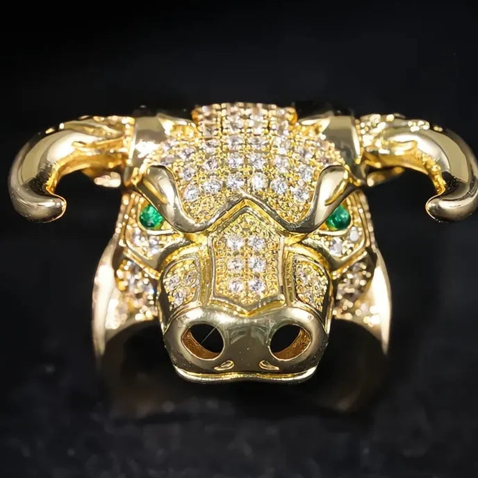 Gold Color Punk Style Cow Animal Ring with Green Eyes for Women Brass Jewelry