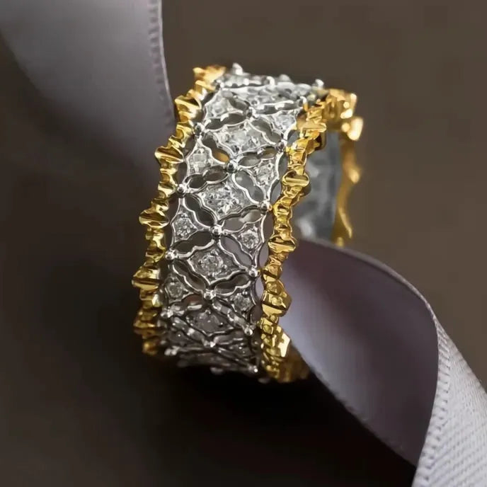 Two Tone Geometric Hollow Metal Ring for Women with Cubic Zirconia Brass Jewelry