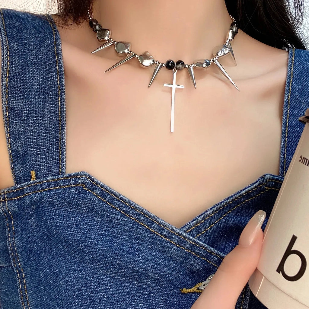 Stainless Steel Retro Y2K Long Spike Rivet Cross Necklace Hip Hop Jewelry