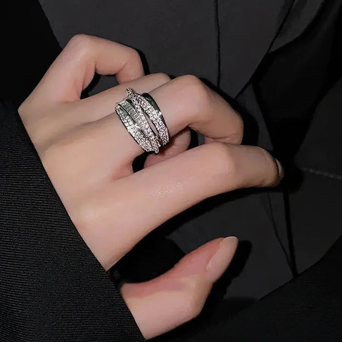 2026 Silver Rhinestone Multi-layer Winding Stainless Steel Wedding Ring Set