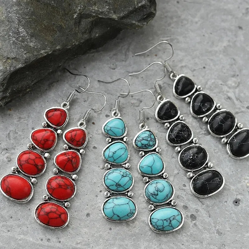 Bohemian Ethnic Oval Red Stone Drop Earrings for Women Zinc Alloy Silver Tone