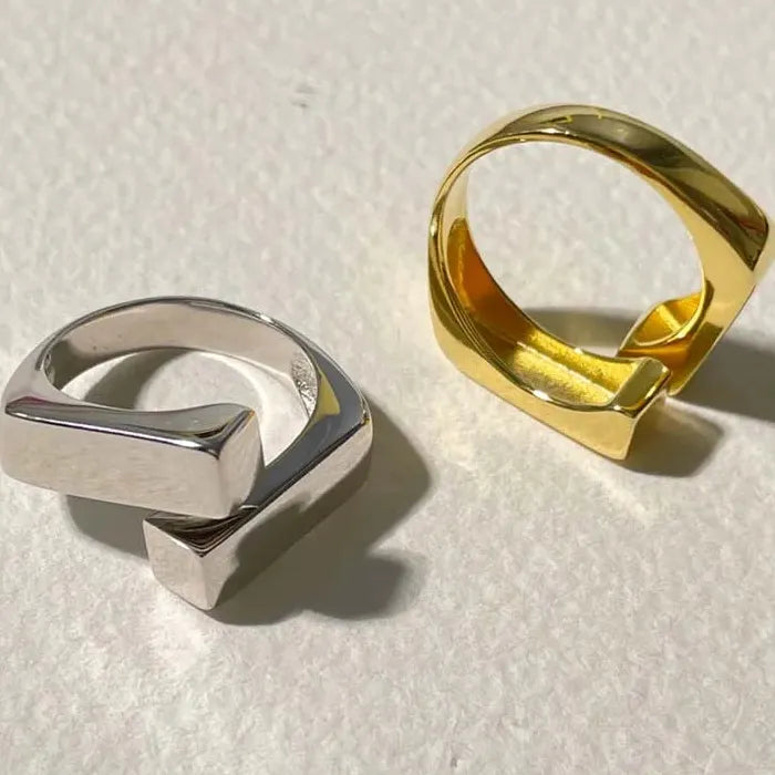 Korean Silver Geometric Rectangle Cross Adjustable Ring for Women Jewelry Gift