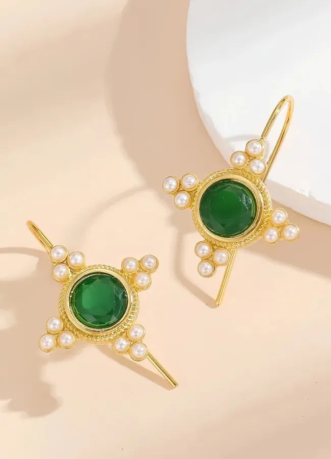 Geometric Green Stone Inlay Pearl Dangle Earrings for Women Party Jewelry