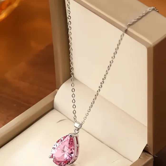 Copper Alloy Pendant Necklace with Pink Cubic Zirconia for Women