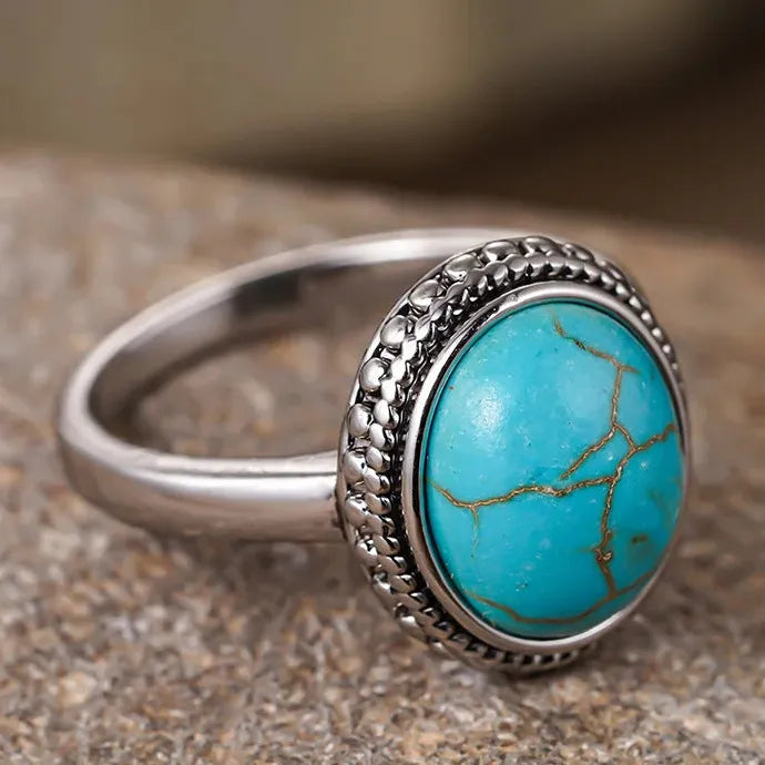 Vintage Silver Inlaid Synthetic Turquoise Oval Flower Ring Unisex Jewelry