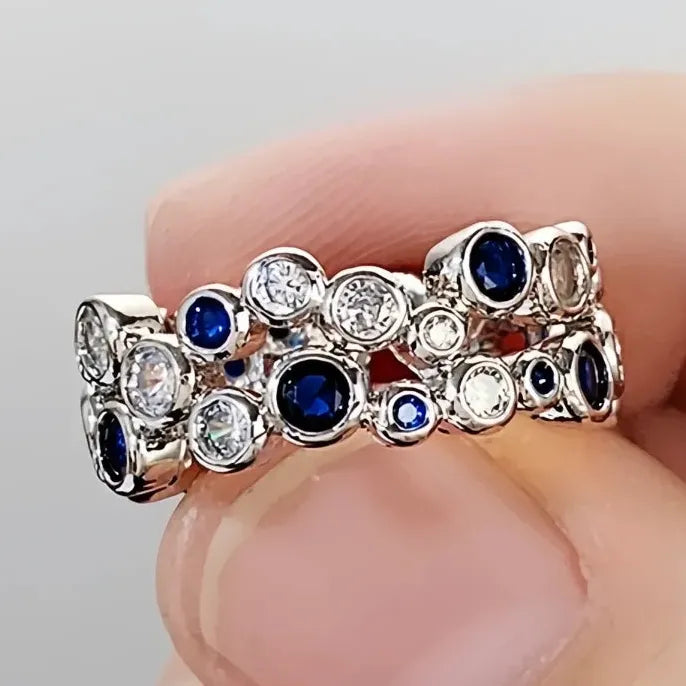 Women’s Silver Cubic Zirconia Wedding Band Ring Brass Blue White Jewelry