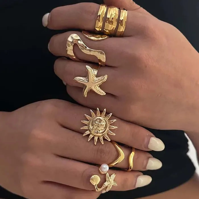 6Pcs Vintage Gold Starfish Sun Open Ring Set Punk Beach Jewelry
