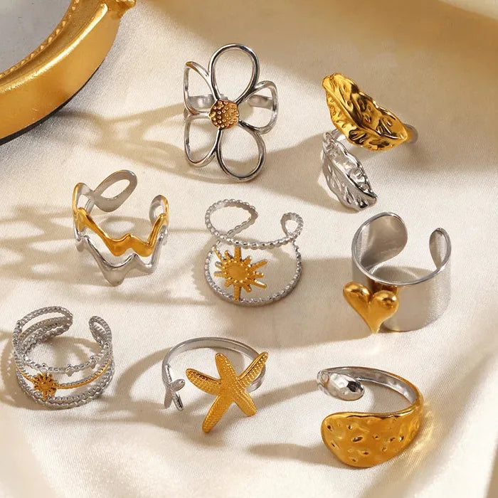 Adjustable Stainless Steel Geometric Heart Flower Ring for Women Jewelry Gift