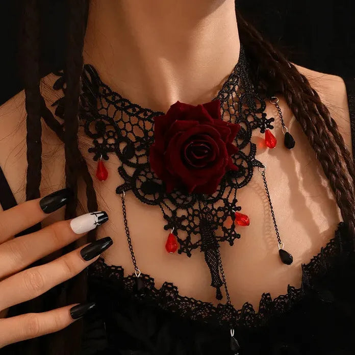 Black Lace Gothic Punk Choker Necklace with Pearl Tassel Roseflower Jewelry