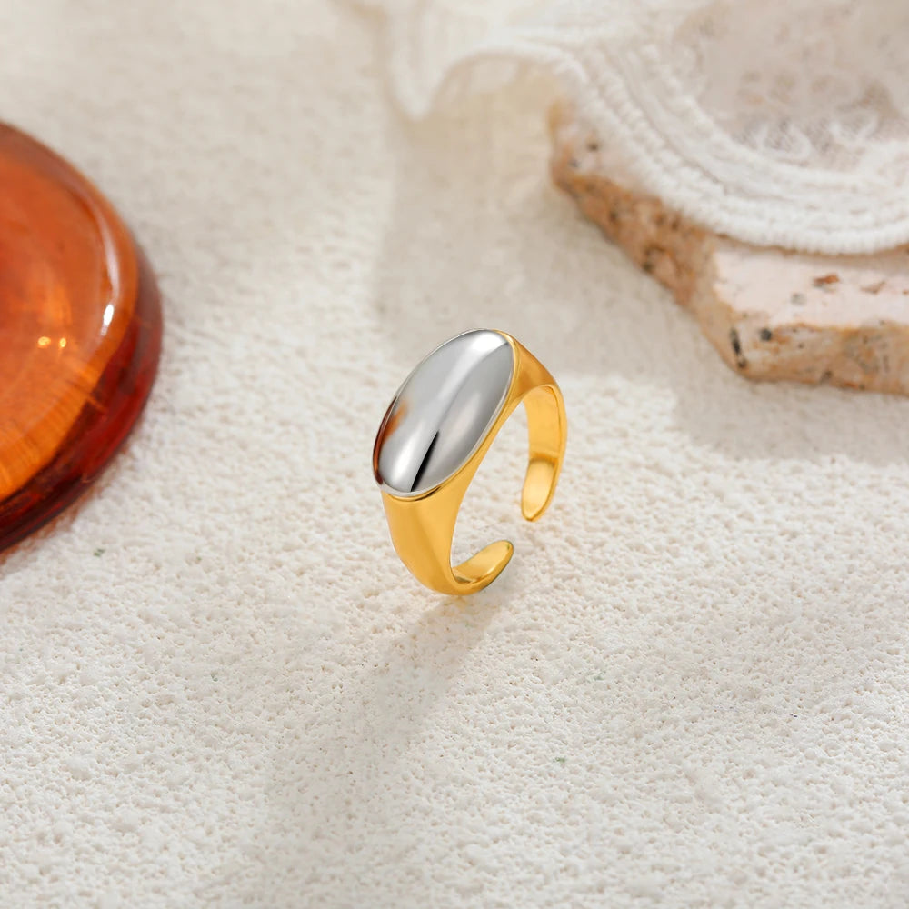 18k Gold Plated Two-Tone Polished Dome Punk Stainless Steel Ring Women