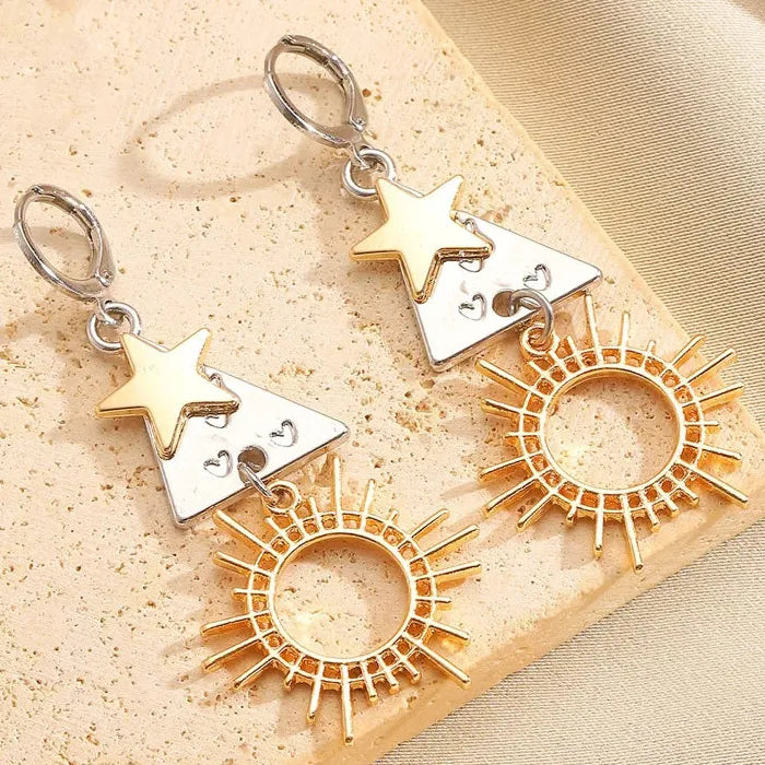 Vintage Zinc Alloy Geometric Sun Star Heart Triangle Drop Earrings Gift