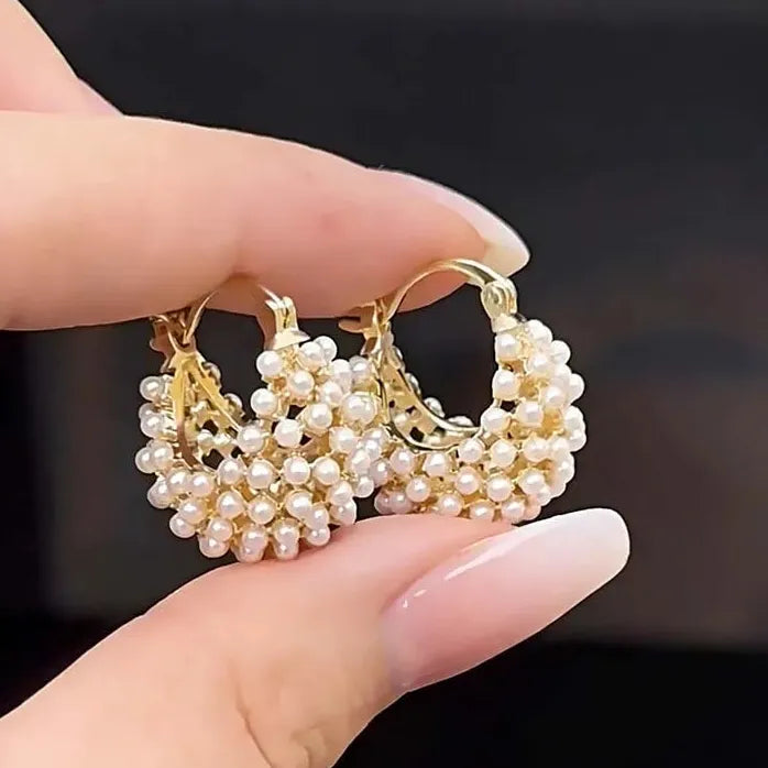Imitation Pearl Hoop Earrings for Women Girls Hollow Flower Basket Design
