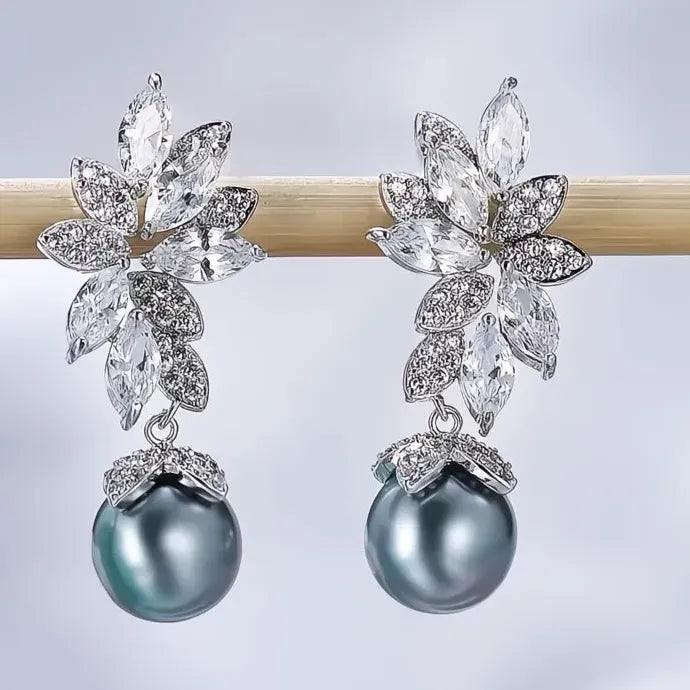 Multi-Colored Imitation Pearl Leaf Dangle Earrings with CZ Brass Alloy