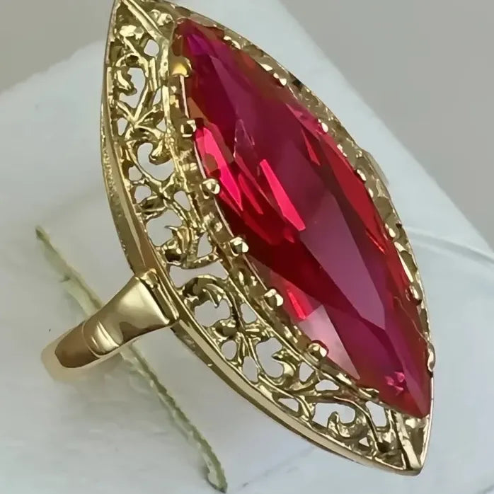 Marquise Red Cubic Zirconia Brass Ring for Women Wedding Party Jewelry