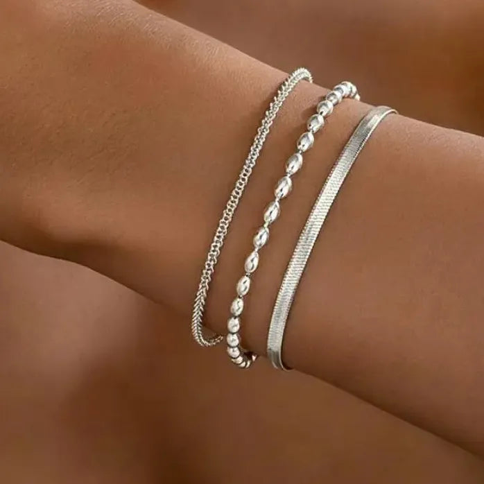 3Pcs Titanium Steel Stainless Steel Cuban Beaded Bracelets for Women Men