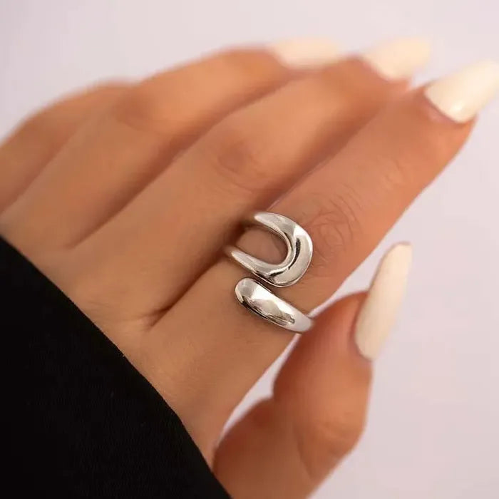 Adjustable Gold Stainless Steel Moon Shaped Ring for Women Celestial Jewelry