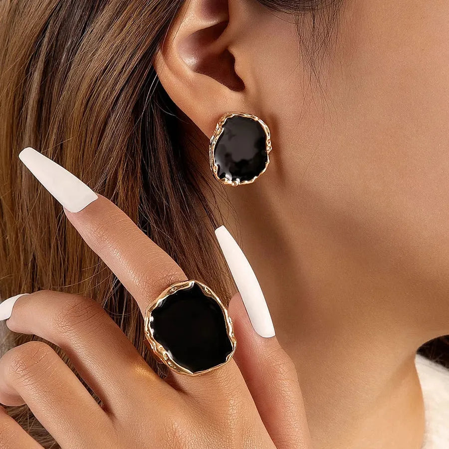 Vintage Black Enamel Earrings & Rings Set Zinc Alloy Punk Unisex Jewelry