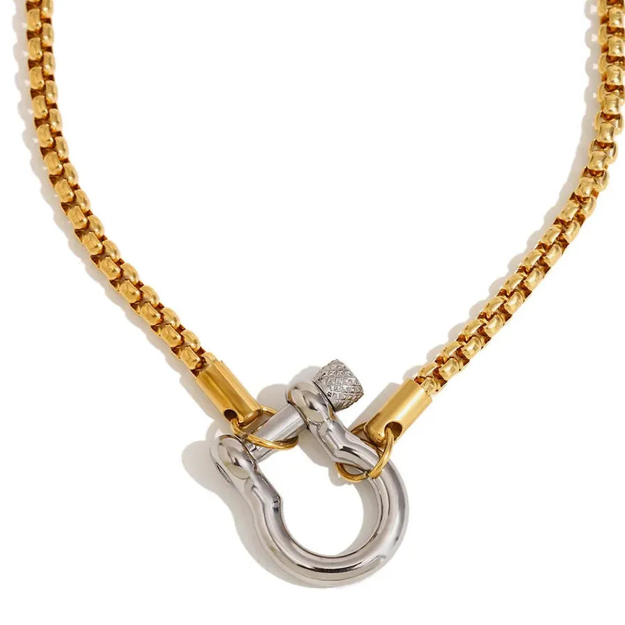 Vintage Chunky Square Metal Chain Horseshoe Necklace 316L Stainless Steel Choker Pendant