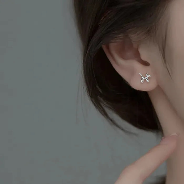 Silver Mini Balloon Dog Stud Earrings for Women Korean Jewelry