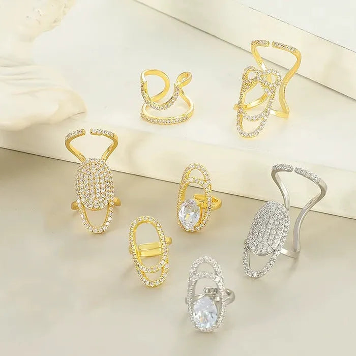 Adjustable Copper Inlaid Zircon Gold Plated Geometric Nail Ring for Women Party Jewelry