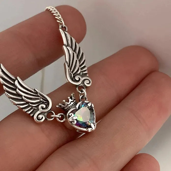 Vintage Gothic Heart Angel Wings Zinc Alloy Pendant Necklace Women
