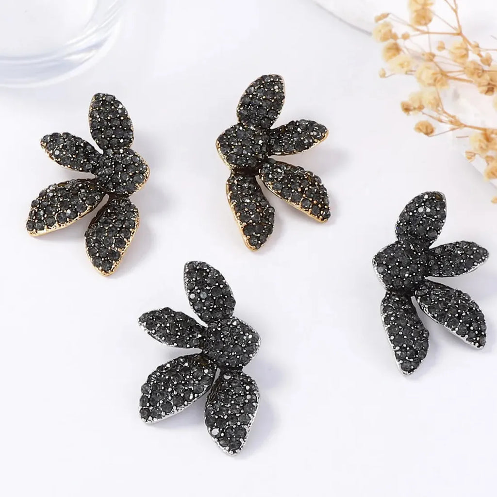 Vintage Black Zircon Crystal Plant Stud Earrings for Women Nature Jewelry