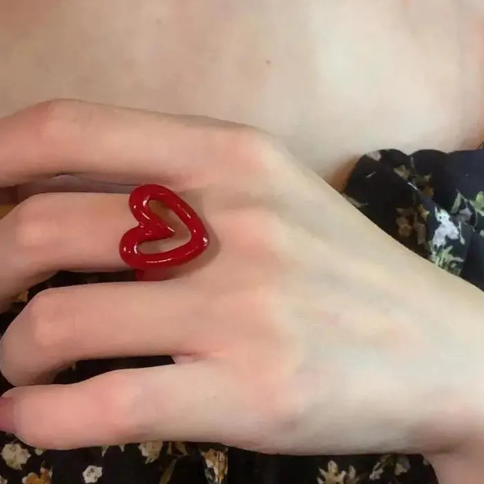 Red Enamel Heart Ring Women Punk Hiphop Couple Gift Fashion Jewelry