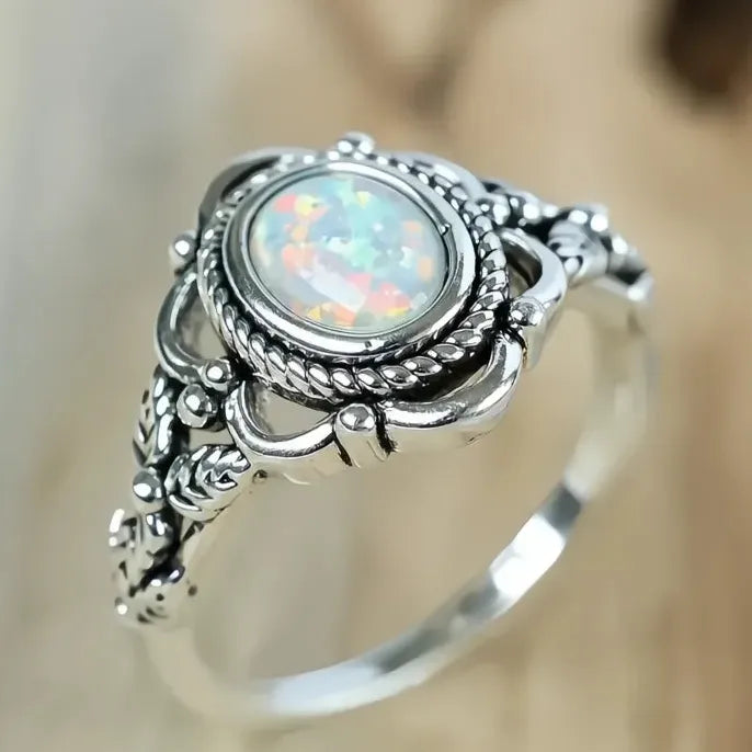 Vintage Brass Ring with Simulated Opal Plant Design Retro Party Jewelry for Women
