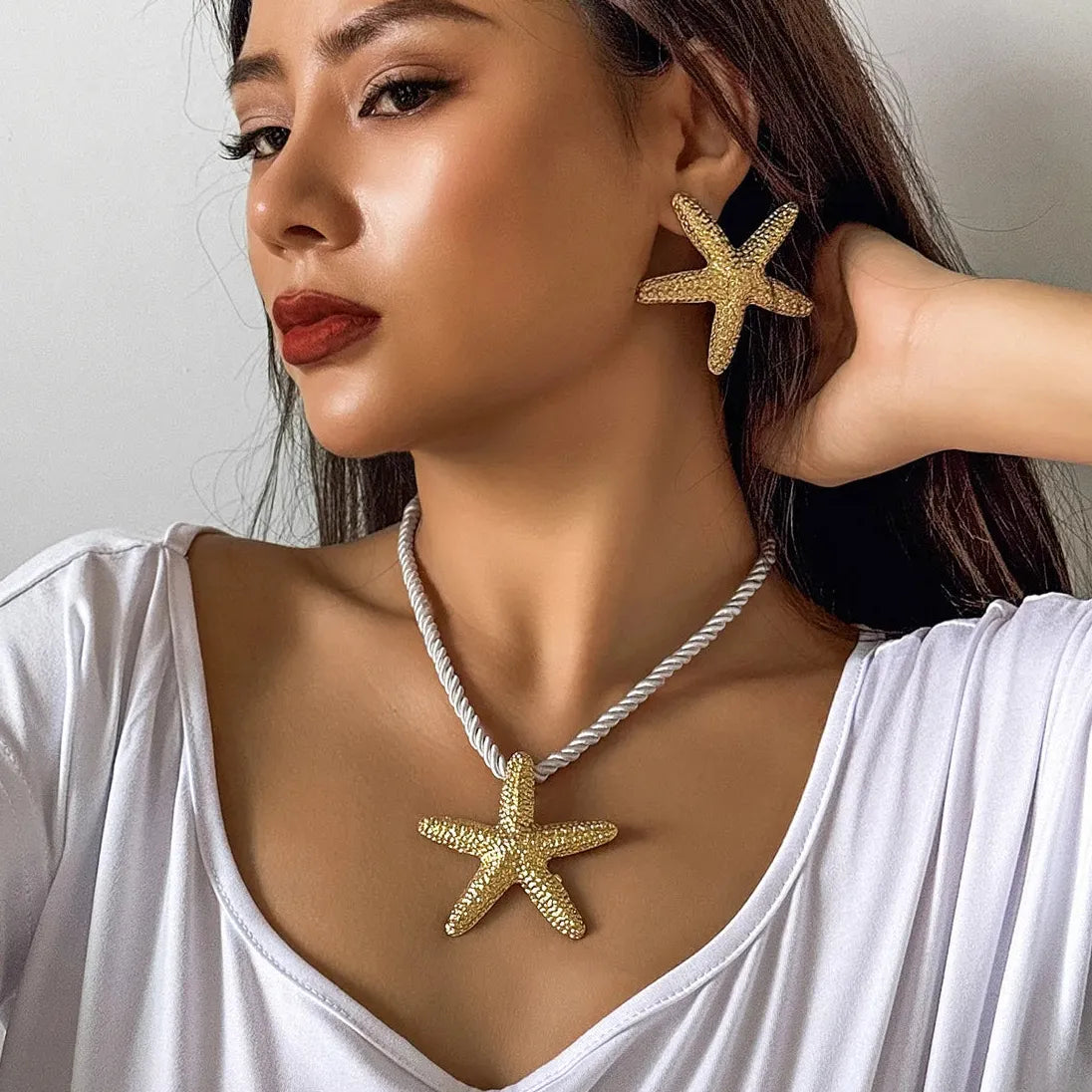Gold Starfish Seashell Earrings Boho Ocean Studs Gift Jewelry