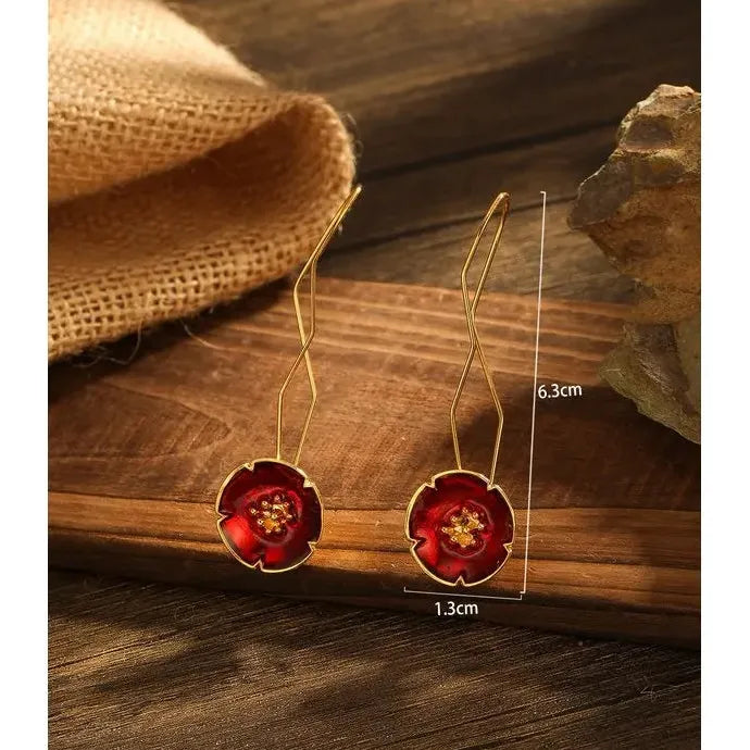 Red Silk Long Hook Drop Earrings with Flower Design Zinc Alloy Jewelry Gifts