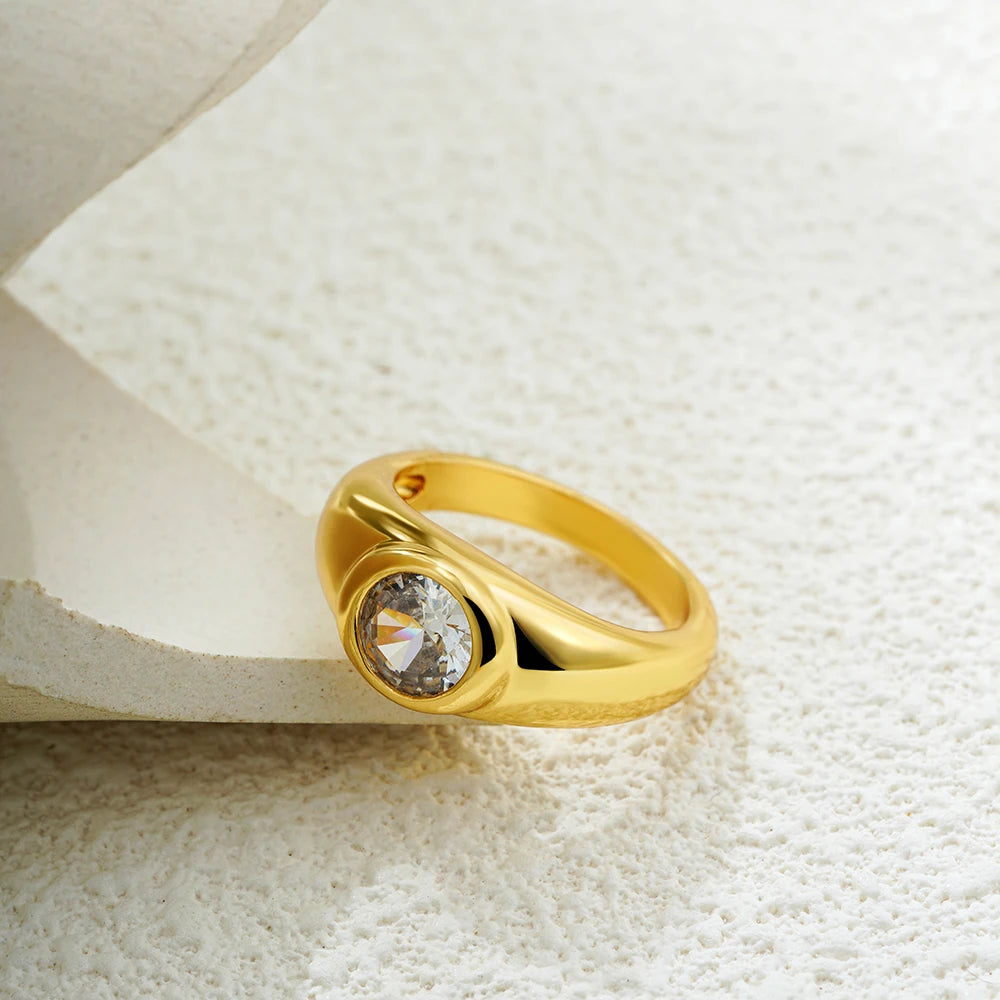 18K Gold Plated Stainless Steel Cubic Zirconia Geometric Wedding Ring Women