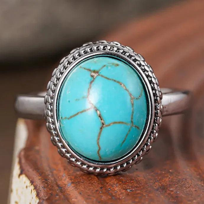 Vintage Silver Inlaid Synthetic Turquoise Oval Flower Ring Unisex Jewelry