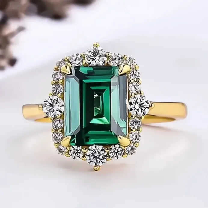 Geometric Square Green Cubic Zirconia Gold Color Wedding Band Ring Women