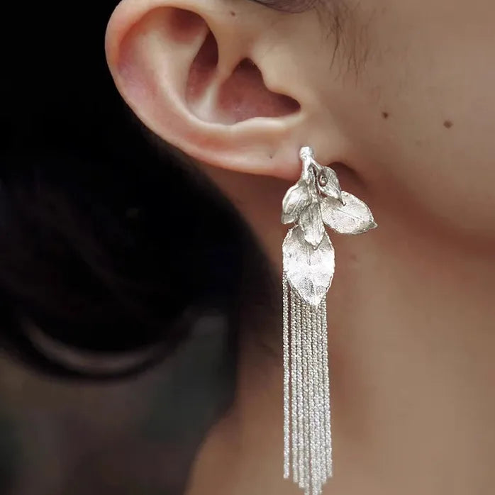 Vintage Copper Leaf Tassel Earrings Retro Style Women's Nature Jewelry Gift