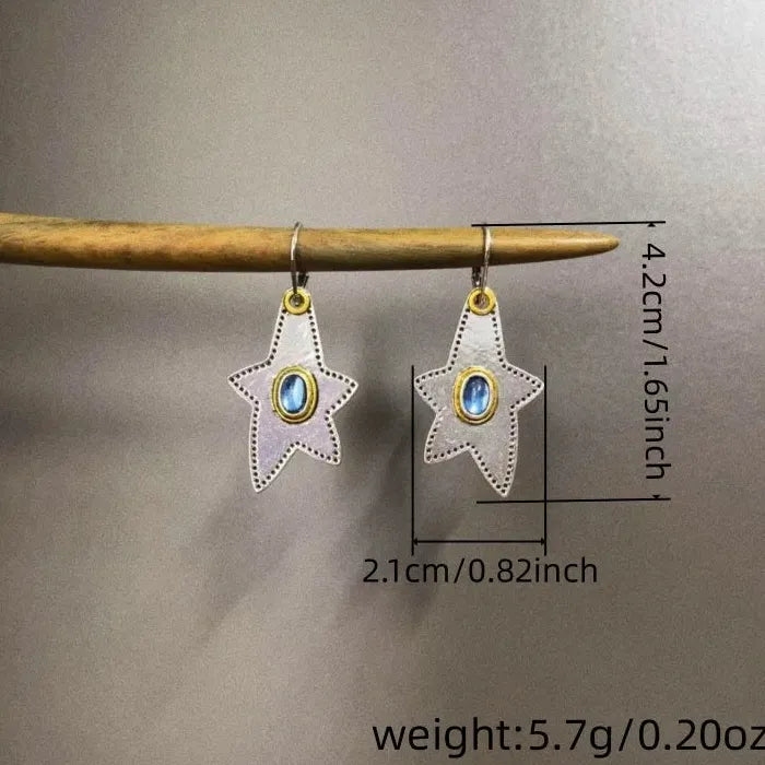 Vintage Pentagram Inlaid Blue Stone Earrings Ethnic Style Silver Drop Jewelry