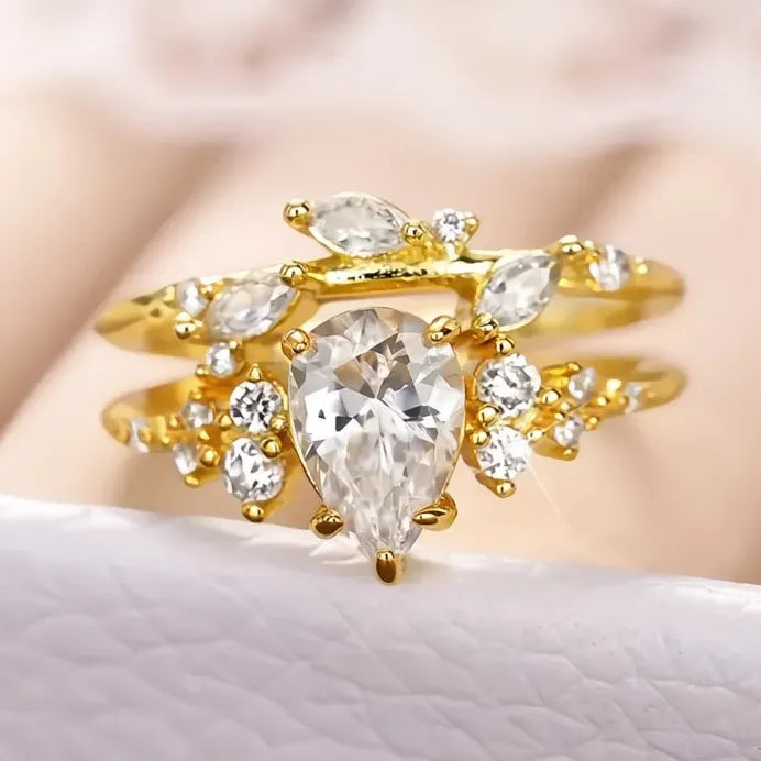Pear Cubic Zirconia Bridal Wedding Ring Set Gold Tone Elegant Jewelry