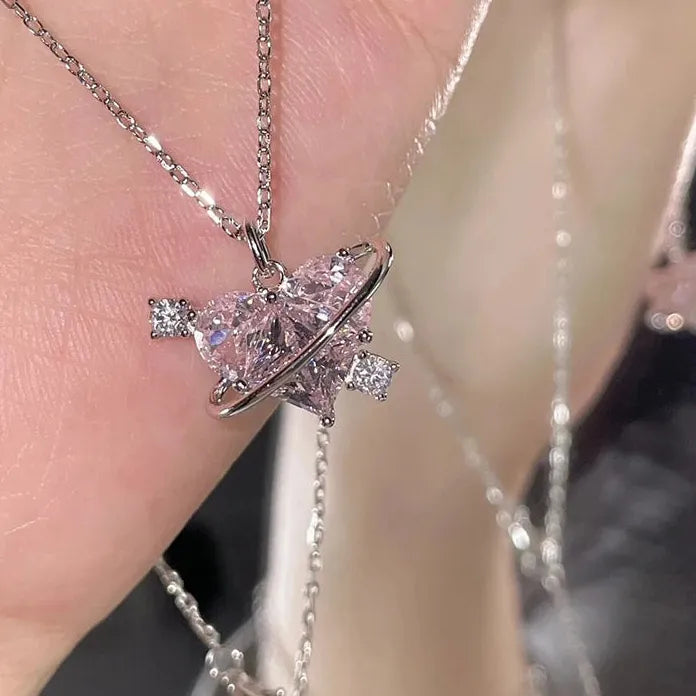 Y2K Pink Zircon Heart Pendant Necklace for Women Zinc Alloy Gift