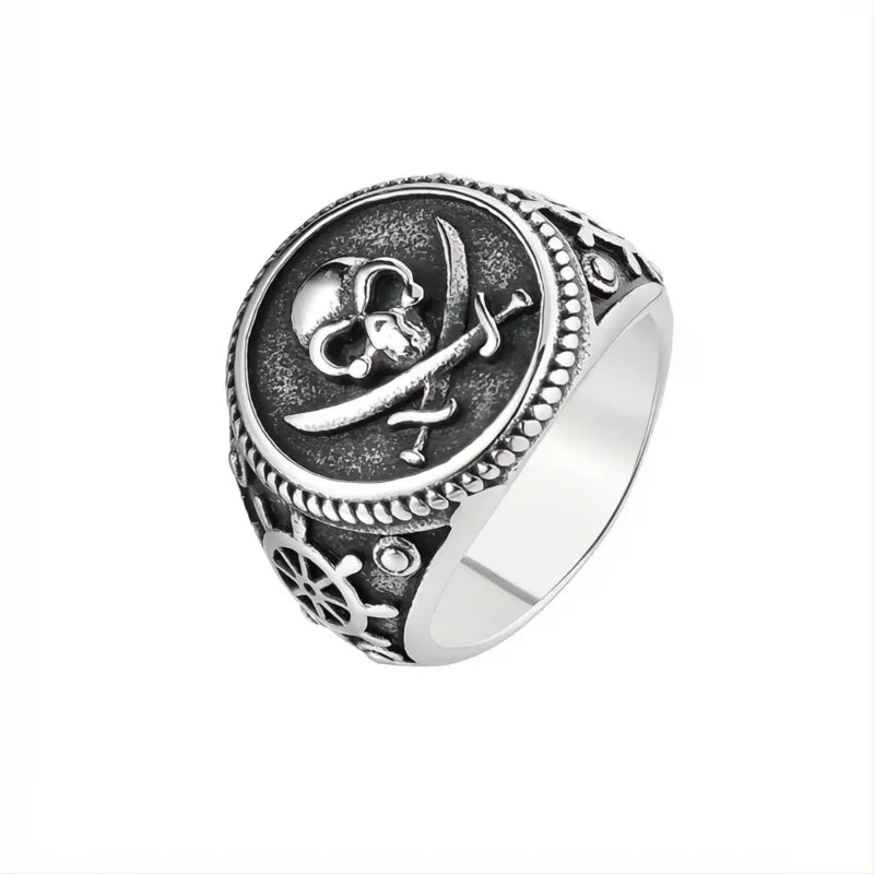 Vintage Men's Pirate Skull Double Knife Signet Ring 316L Stainless Steel Gold Silver Compass Goth Punk US 7-13