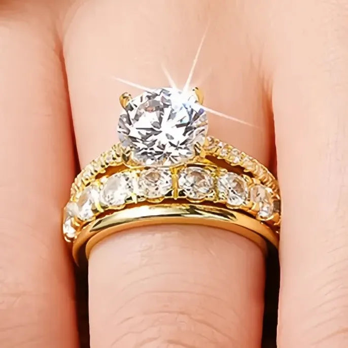 Charming Women’s 3-Piece Brass CZ Ring Set for Wedding Engagement Jewelry